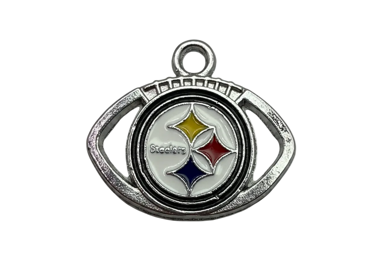 Silver-tone football medallion charm with white enamel center and yellow, red, and navy star accents