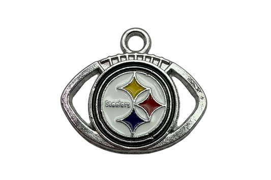 Silver-tone football medallion charm with white enamel center and yellow, red, and navy star accents