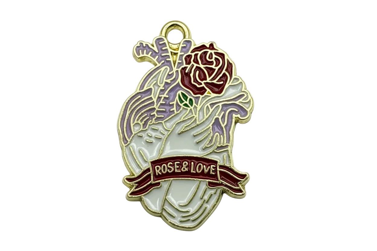 Gold-outlined anatomical heart with red rose, lavender leaves, and “ROSE & LOVE” banner
