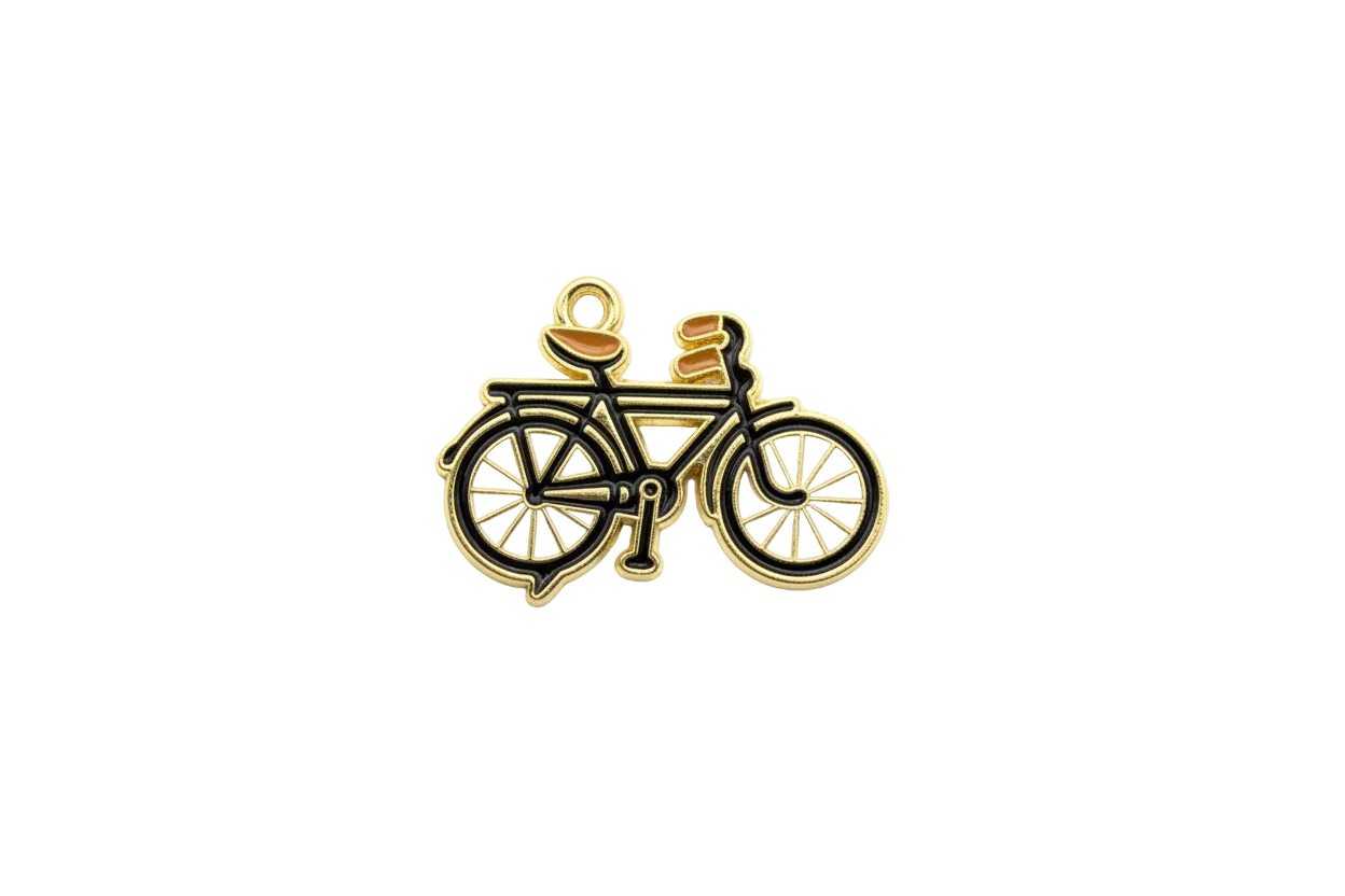 Gold bicycle with black enamel, white wheels, caramel accents