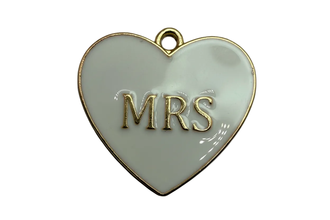 Glossy white enamel heart with raised gold MRS lettering and gold outline