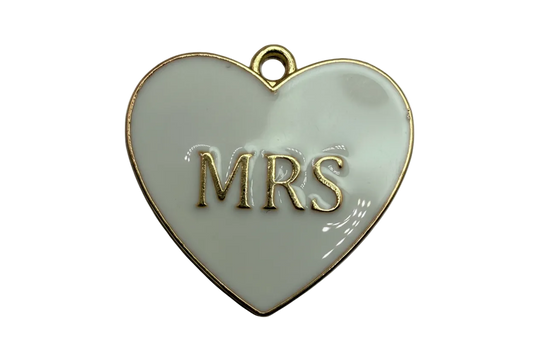 Glossy white enamel heart with raised gold MRS lettering and gold outline
