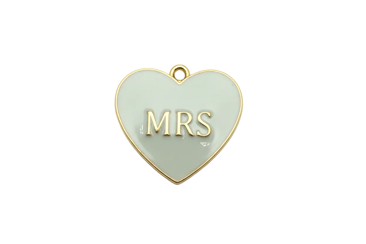 White enamel heart with gold MRS lettering