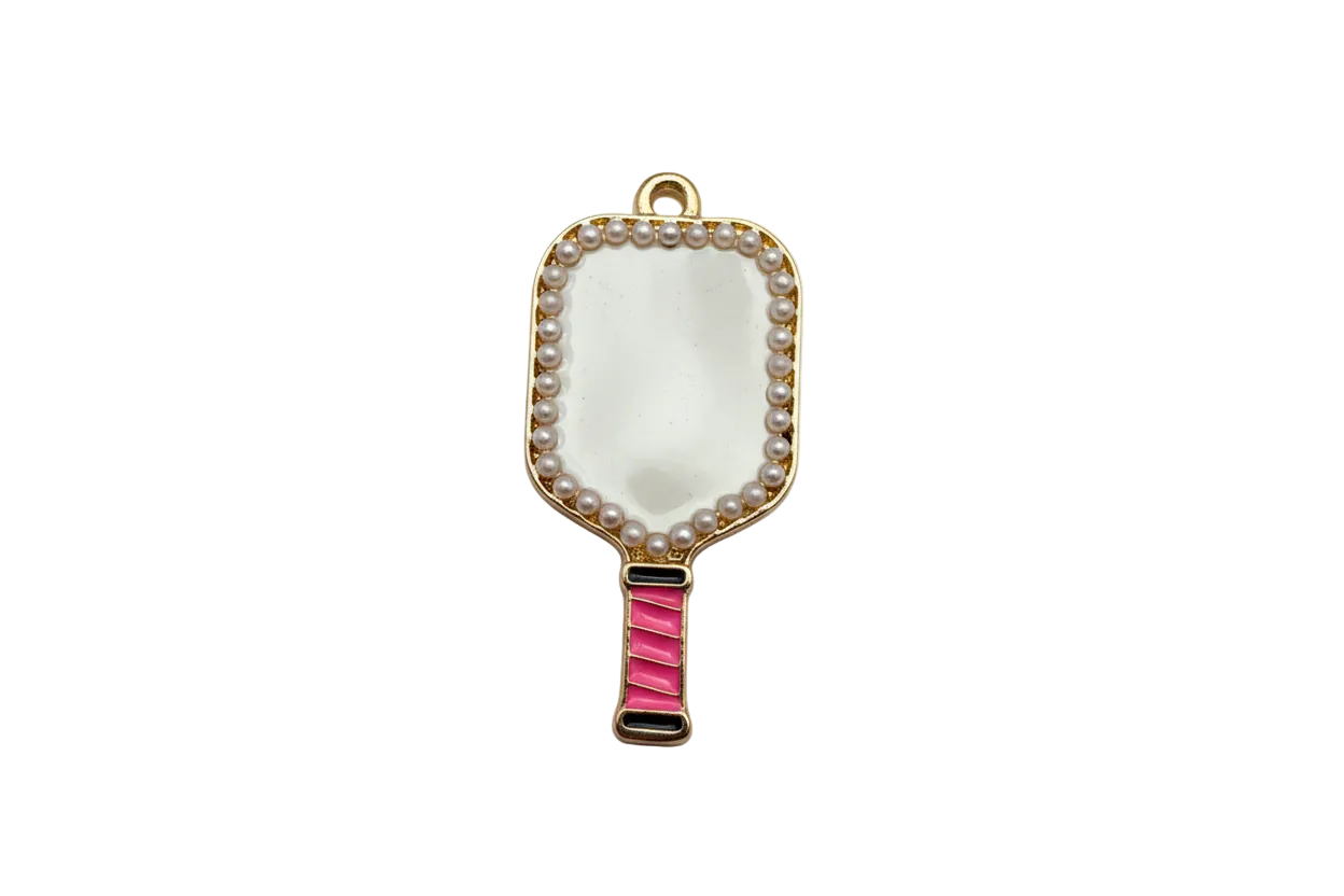Gold hand mirror with pearl border and pink handle