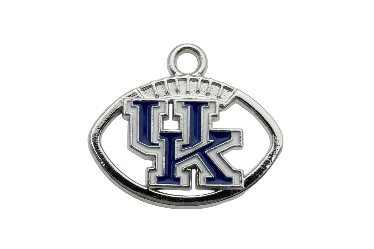 Silver football bottle opener charm with navy and white interlocking monogram and textured detailing