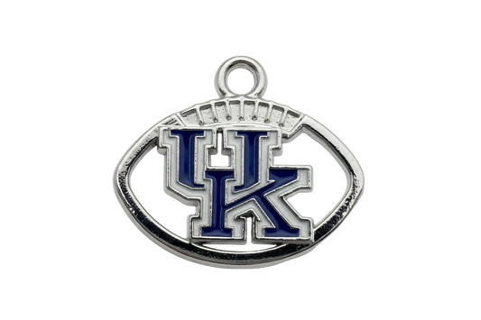 Silver football bottle opener charm with navy and white interlocking monogram and textured detailing