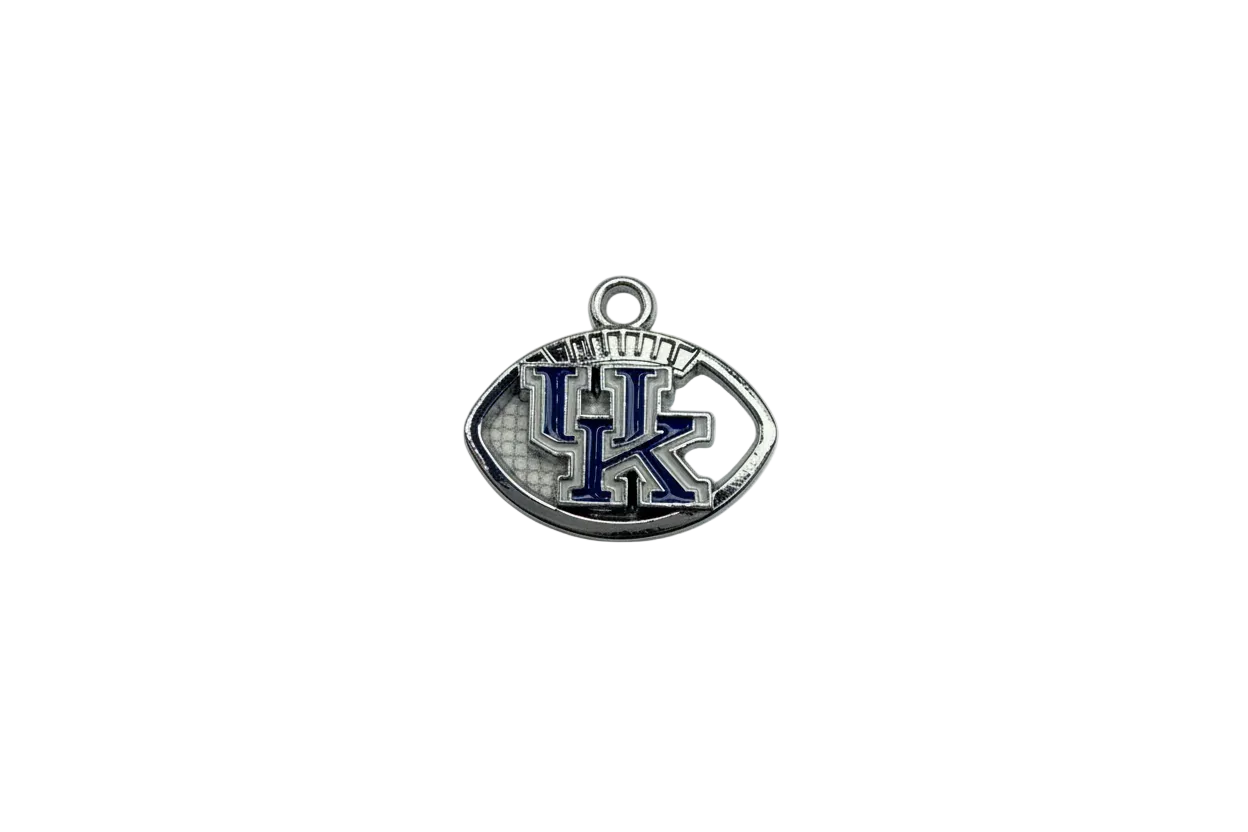 Silver football bottle opener with navy-white monogram