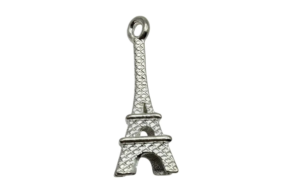 Textured Eiffel Tower pendant in silver-tone metal with oxidized detailing on black background