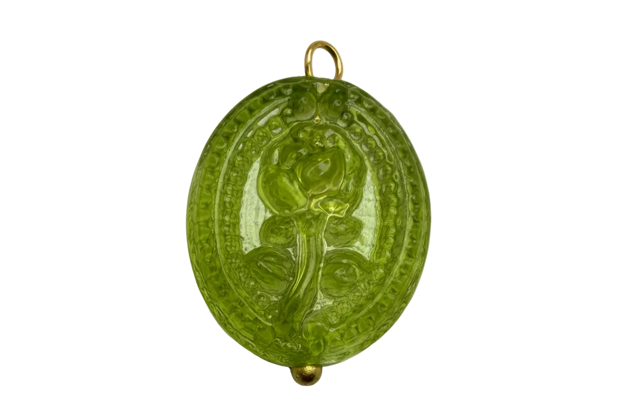 Translucent green oval rose medallion charm with gold accents and embossed floral detail
