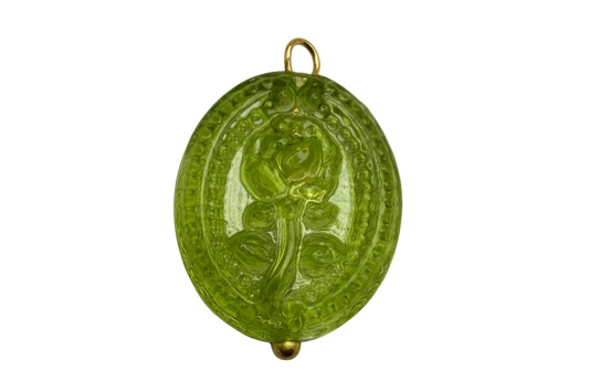 Translucent green oval rose medallion charm with gold accents and embossed floral detail