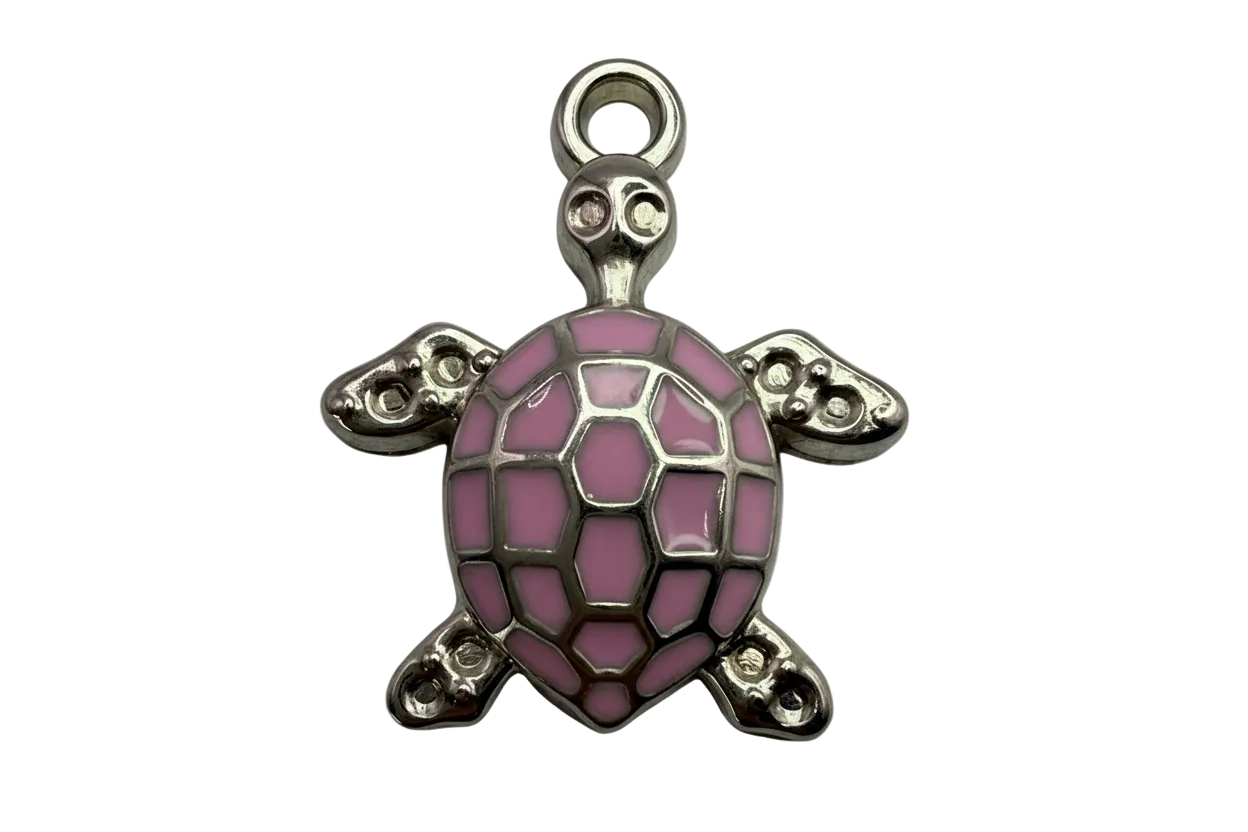Silver turtle charm with pink mosaic enamel shell