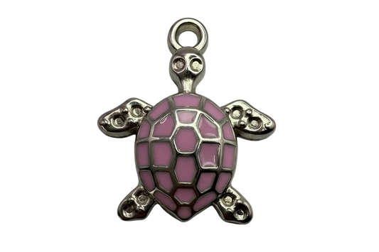 Silver turtle charm with pink mosaic enamel shell
