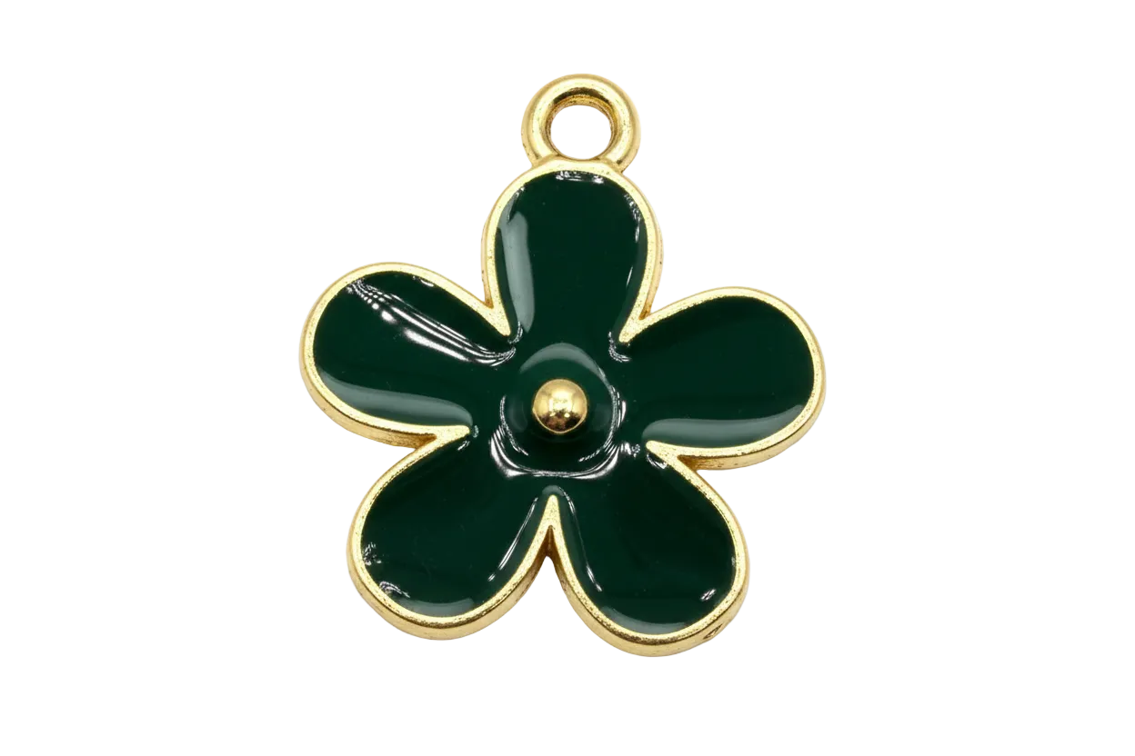 Deep green five-petal flower charm with glossy finish and gold outline
