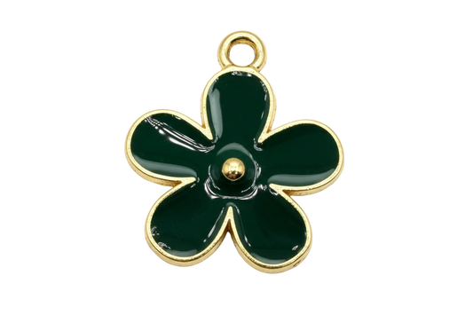 Deep green five-petal flower charm with glossy finish and gold outline