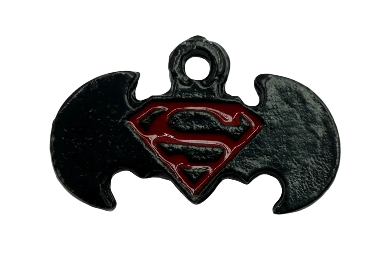 Gunmetal bat silhouette charm with glossy red shield emblem