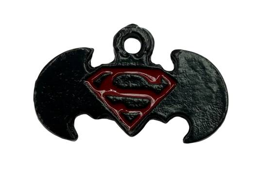 Gunmetal bat silhouette charm with glossy red shield emblem