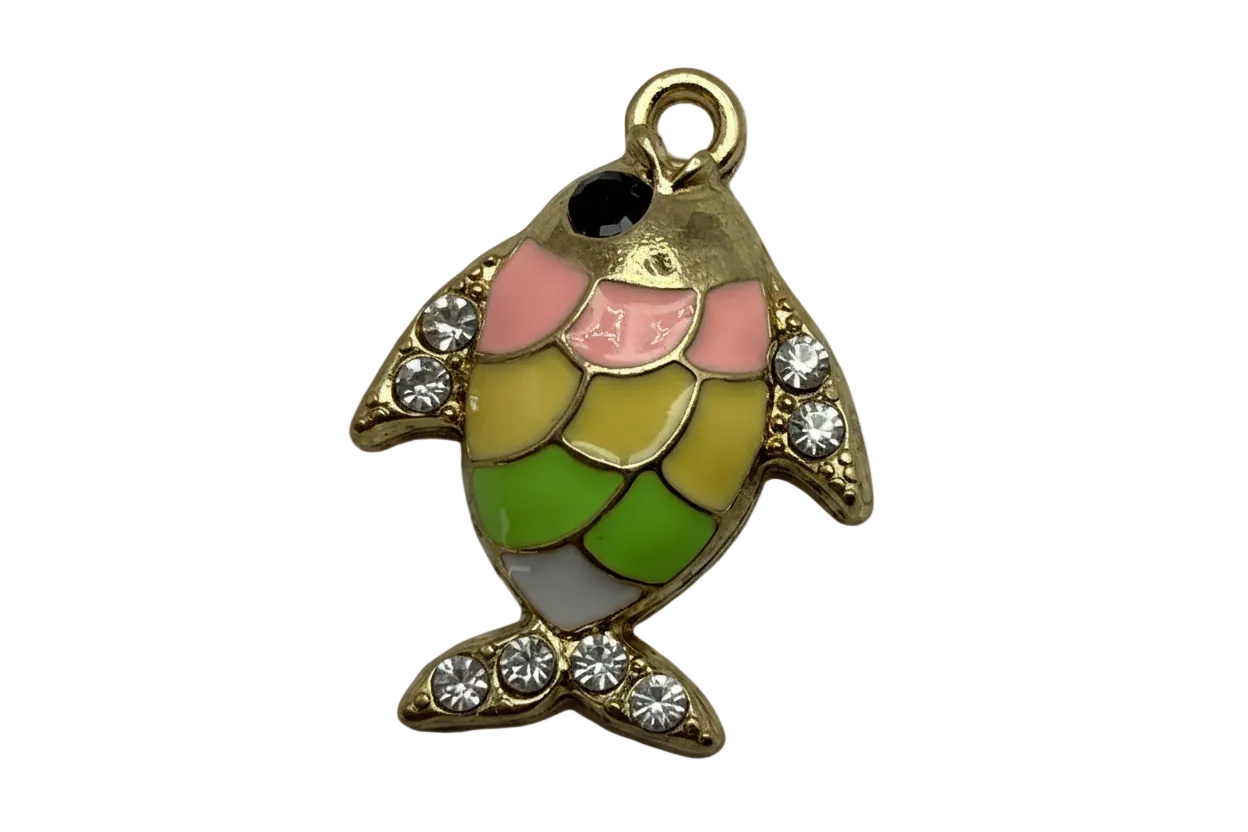 Gold fish charm with pink, yellow, green, and white enamel scales and clear crystals