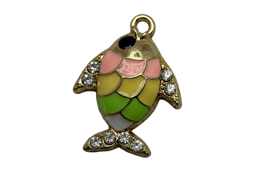Gold fish charm with pink, yellow, green, and white enamel scales and clear crystals
