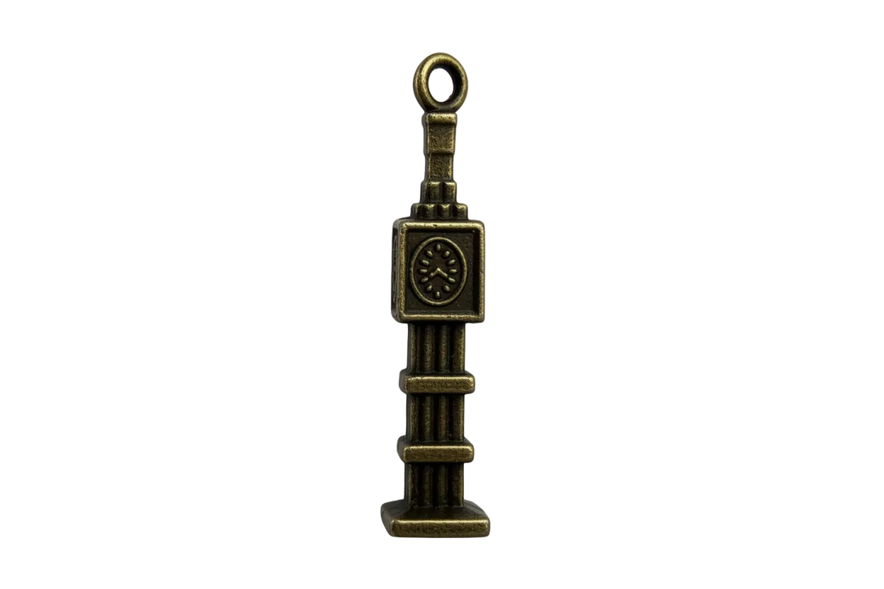 Antiqued gold wristwatch charm with square face and raised strap detailing