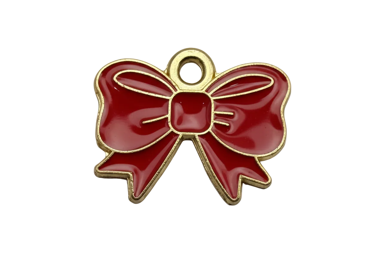 Glossy red bow with gold outline and raised center knot