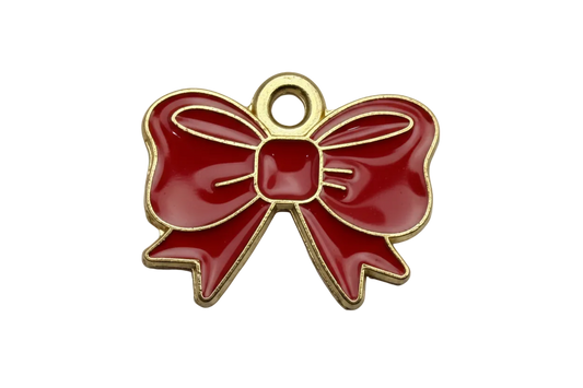 Glossy red bow with gold outline and raised center knot