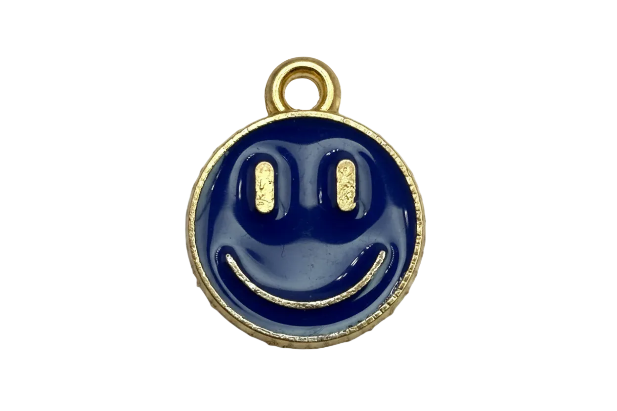 Navy enamel smiley face medallion with gold border and gold facial details