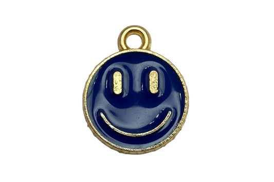 Navy enamel smiley face medallion with gold border and gold facial details