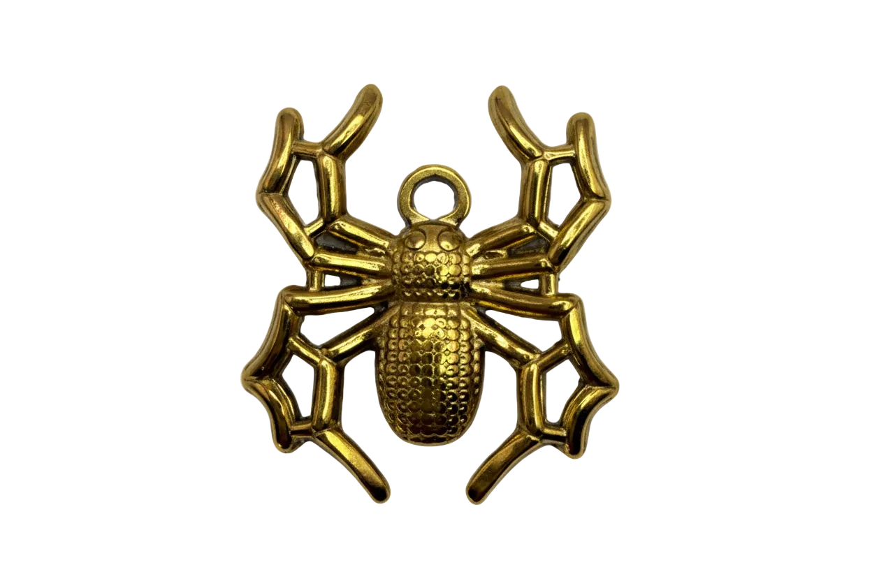 Textured gold spider charm with geometric openwork legs and polished finish