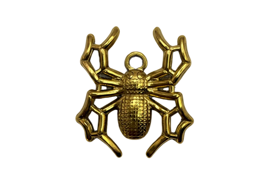 Textured gold spider charm with geometric openwork legs and polished finish