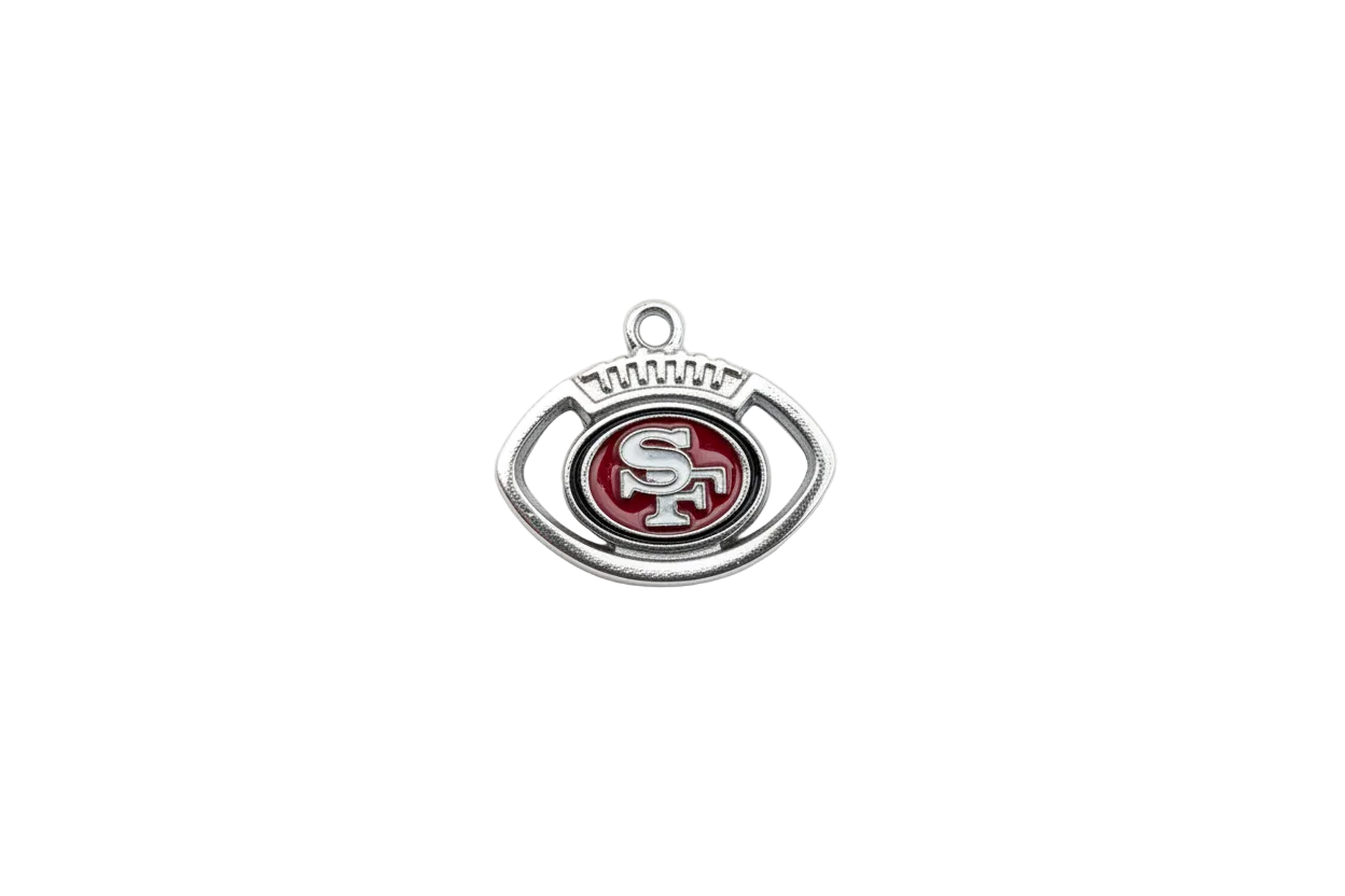 Silver football emblem with red enamel monogram center