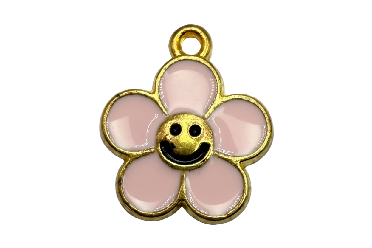 Gold-outlined blush pink enamel flower with a smiling face center