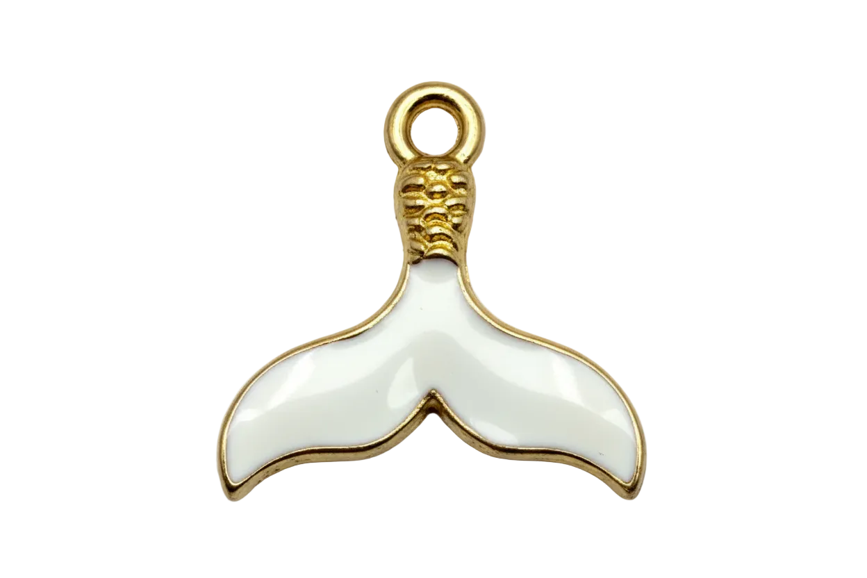 White enamel whale tail with gold outline and textured top detail on black background