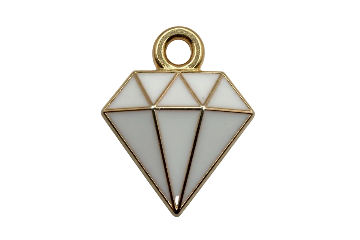 White geometric diamond icon with glossy enamel panels and gold outline