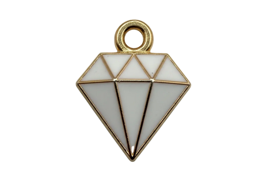 White geometric diamond icon with glossy enamel panels and gold outline