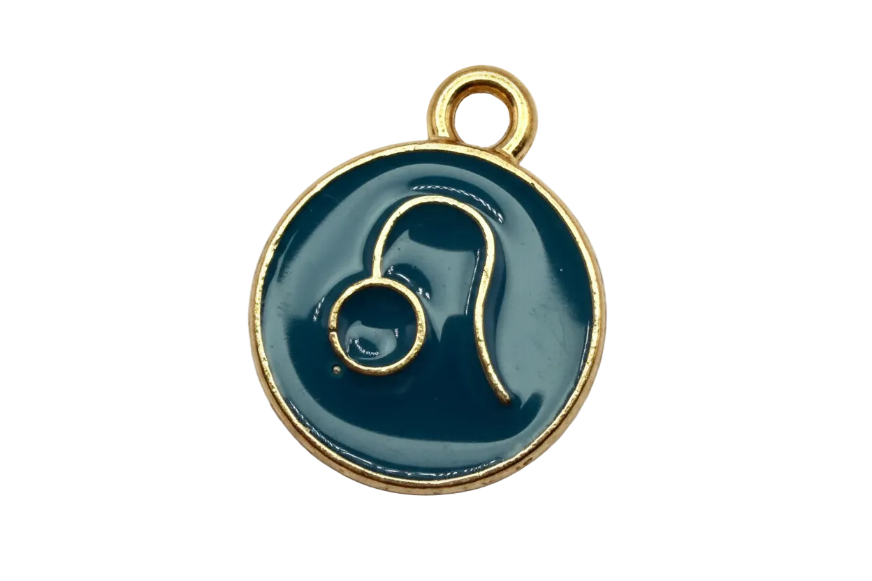 Navy enamel round disc with gold Leo zodiac symbol