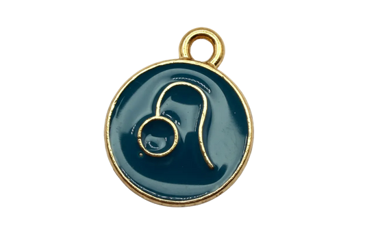 Navy enamel round disc with gold Leo zodiac symbol