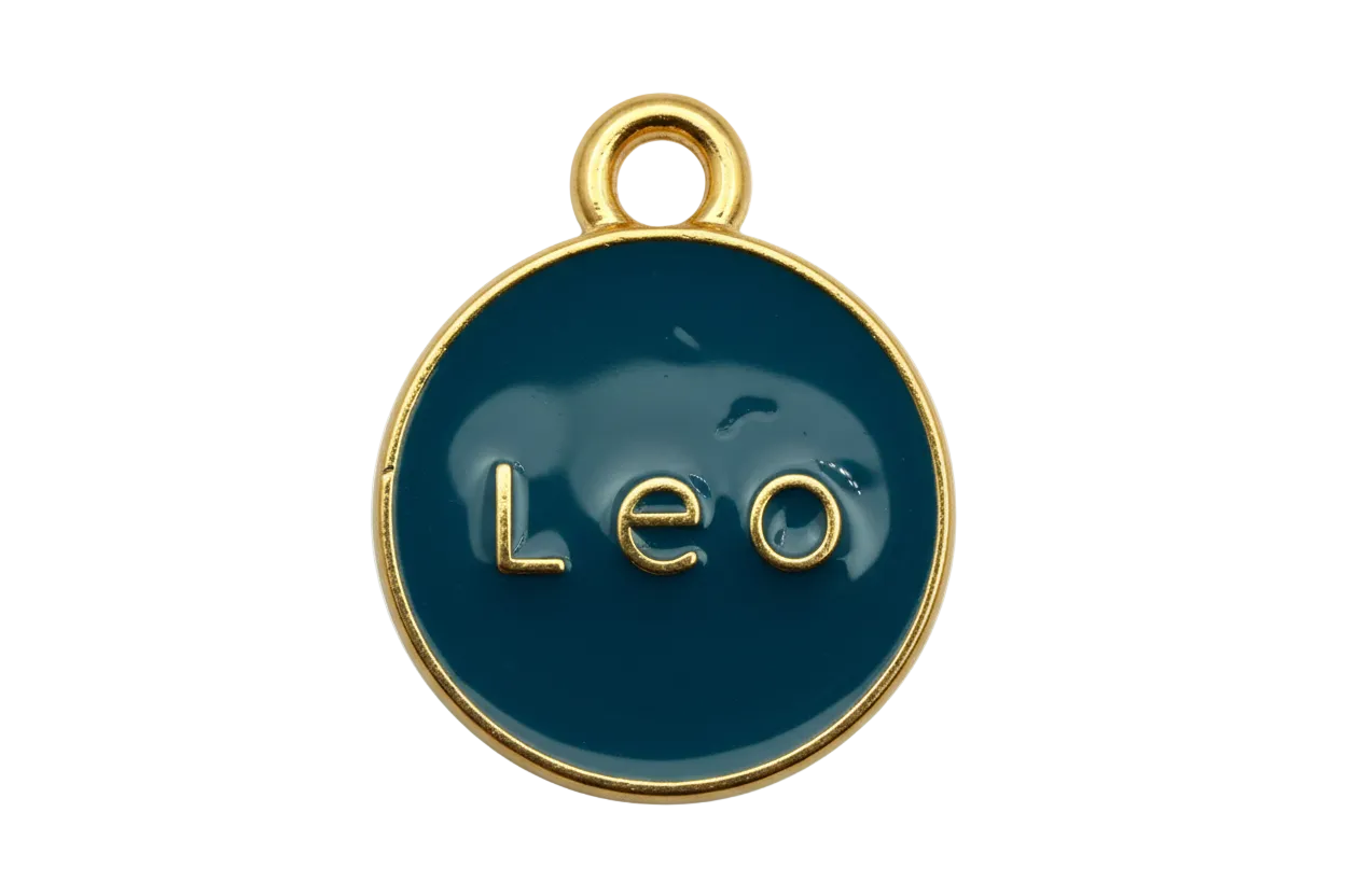 Glossy navy round medallion with raised gold “Leo” lettering and gold border