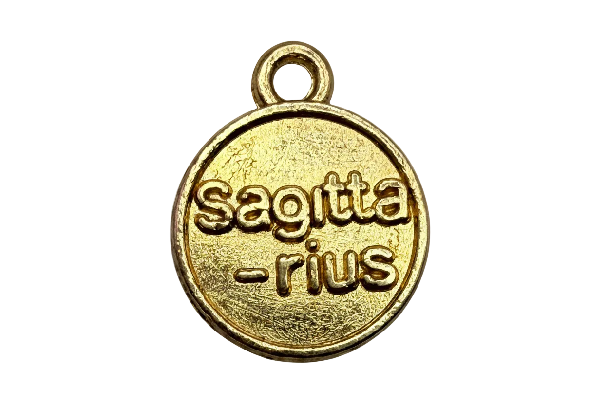 Round gold medallion with raised Sagittarius lettering and textured finish