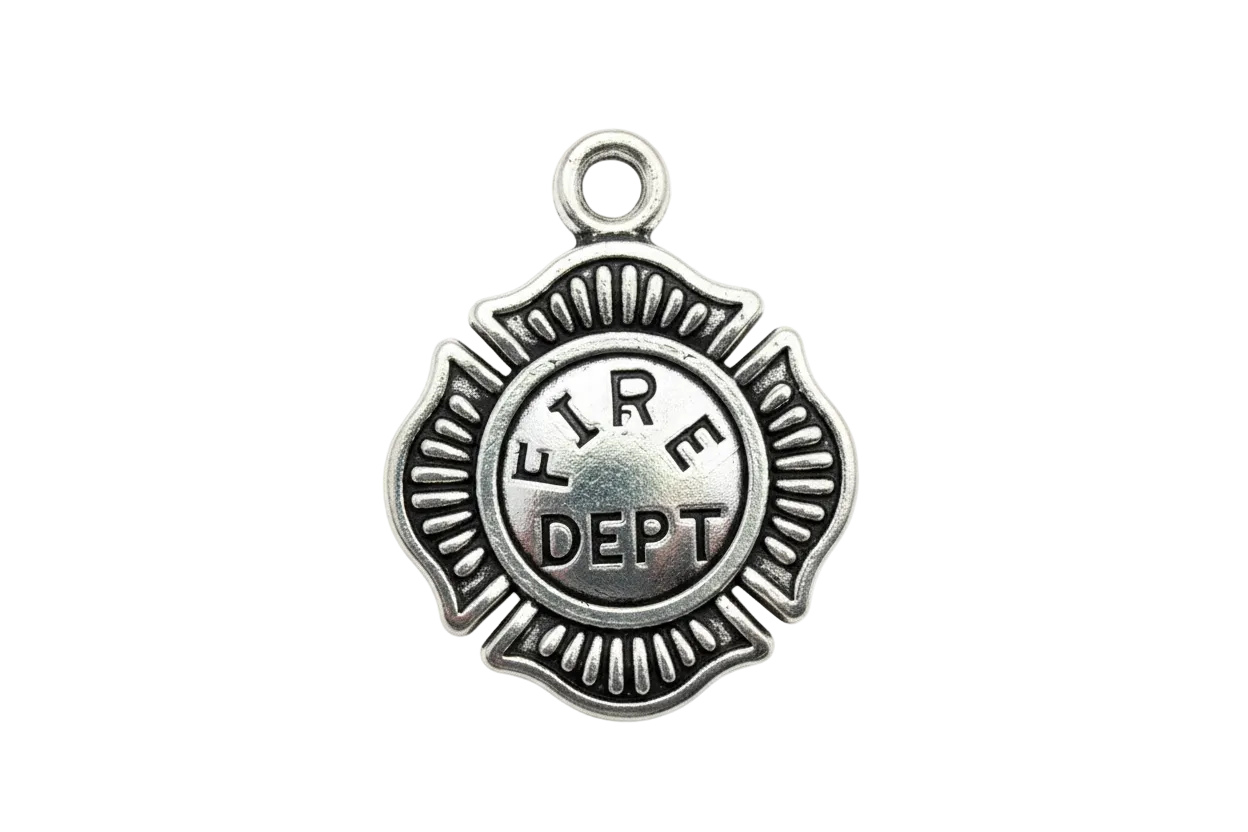 Antique silver fire department badge charm with raised FIRE DEPT lettering and maltese cross border