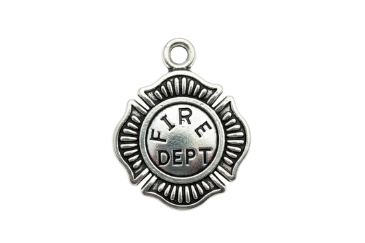Antique silver fire department badge charm with raised FIRE DEPT lettering and maltese cross border