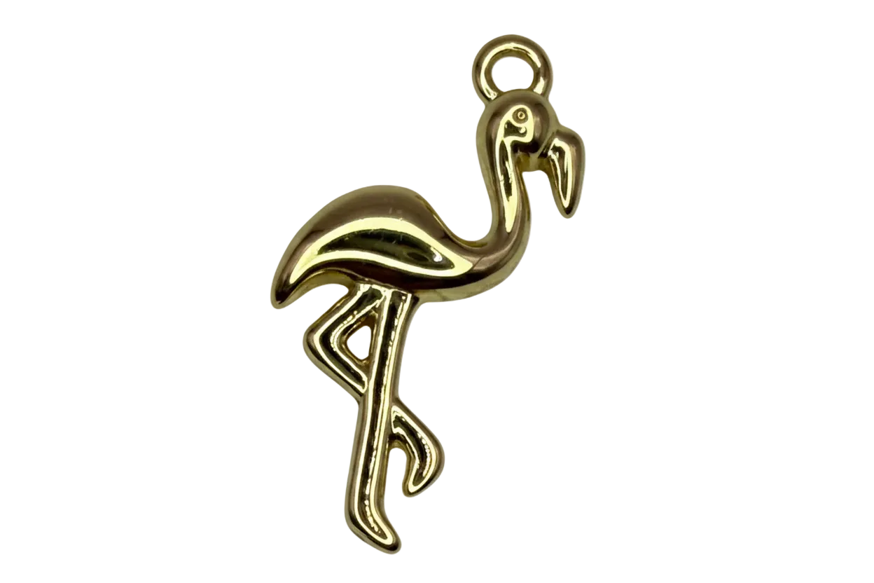 High-polish gold flamingo bird silhouette charm with long legs and curved neck