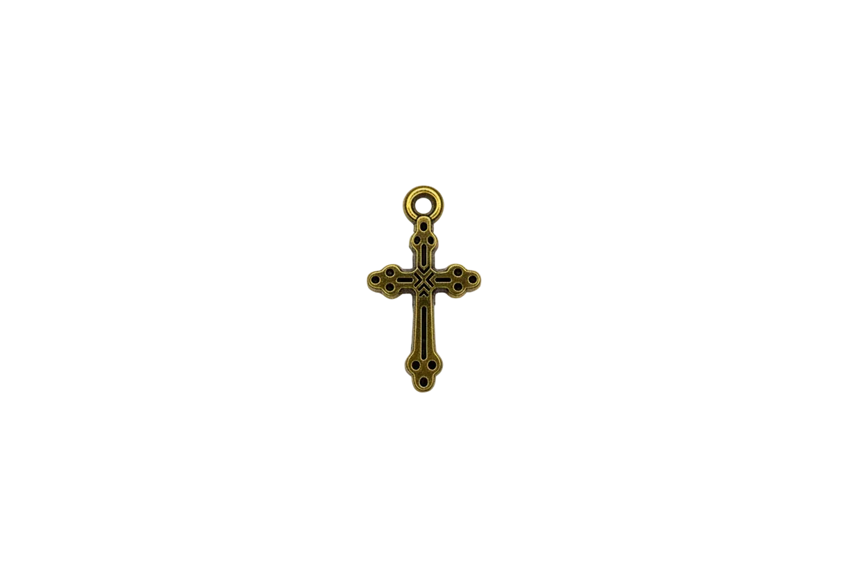 Antiqued gold cutout cross charm with dark detailing