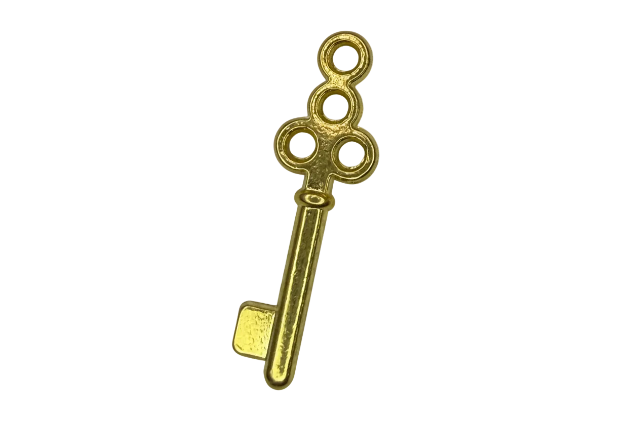 Gold ornate key charm with circular head and polished finish