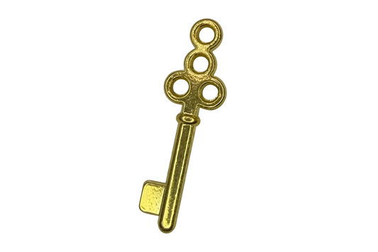 Gold ornate key charm with circular head and polished finish