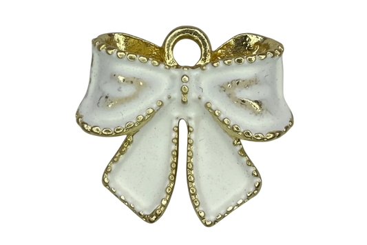 White enamel ribbon bow with gold beaded trim and polished gold details