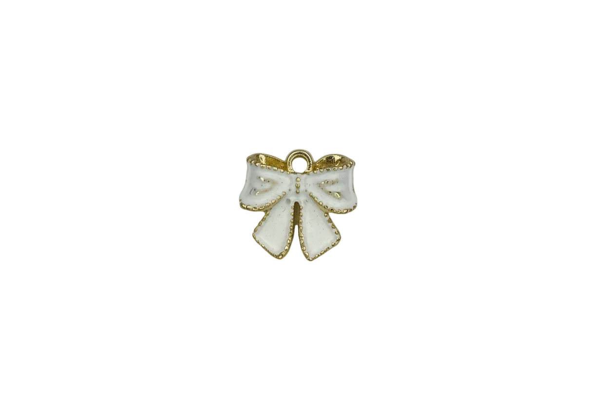 White enamel bow with gold beaded trim