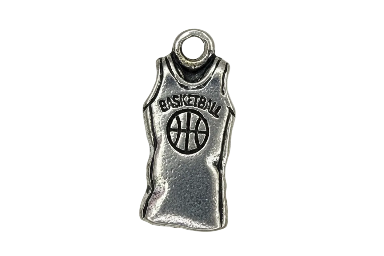 Antiqued silver basketball jersey charm with black recessed basketball icon and lettering
