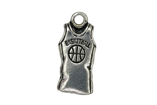 Antiqued silver basketball jersey charm with black recessed basketball icon and lettering