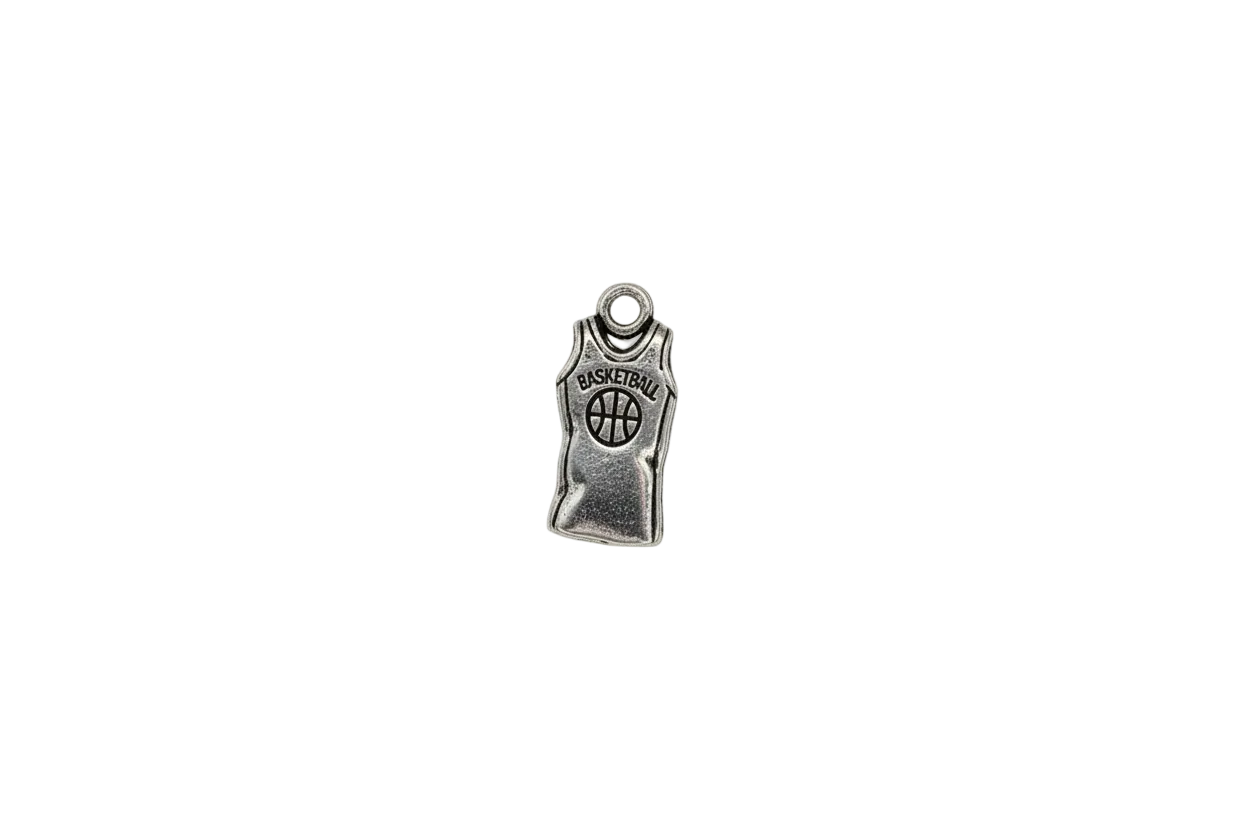 Antiqued silver basketball jersey with black icon and lettering