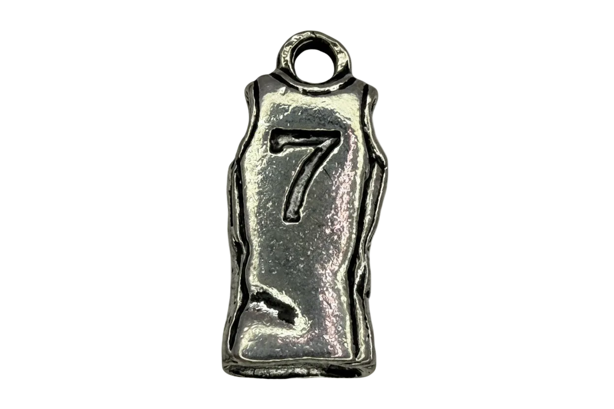 Silver jersey charm with raised number 7 and textured edges